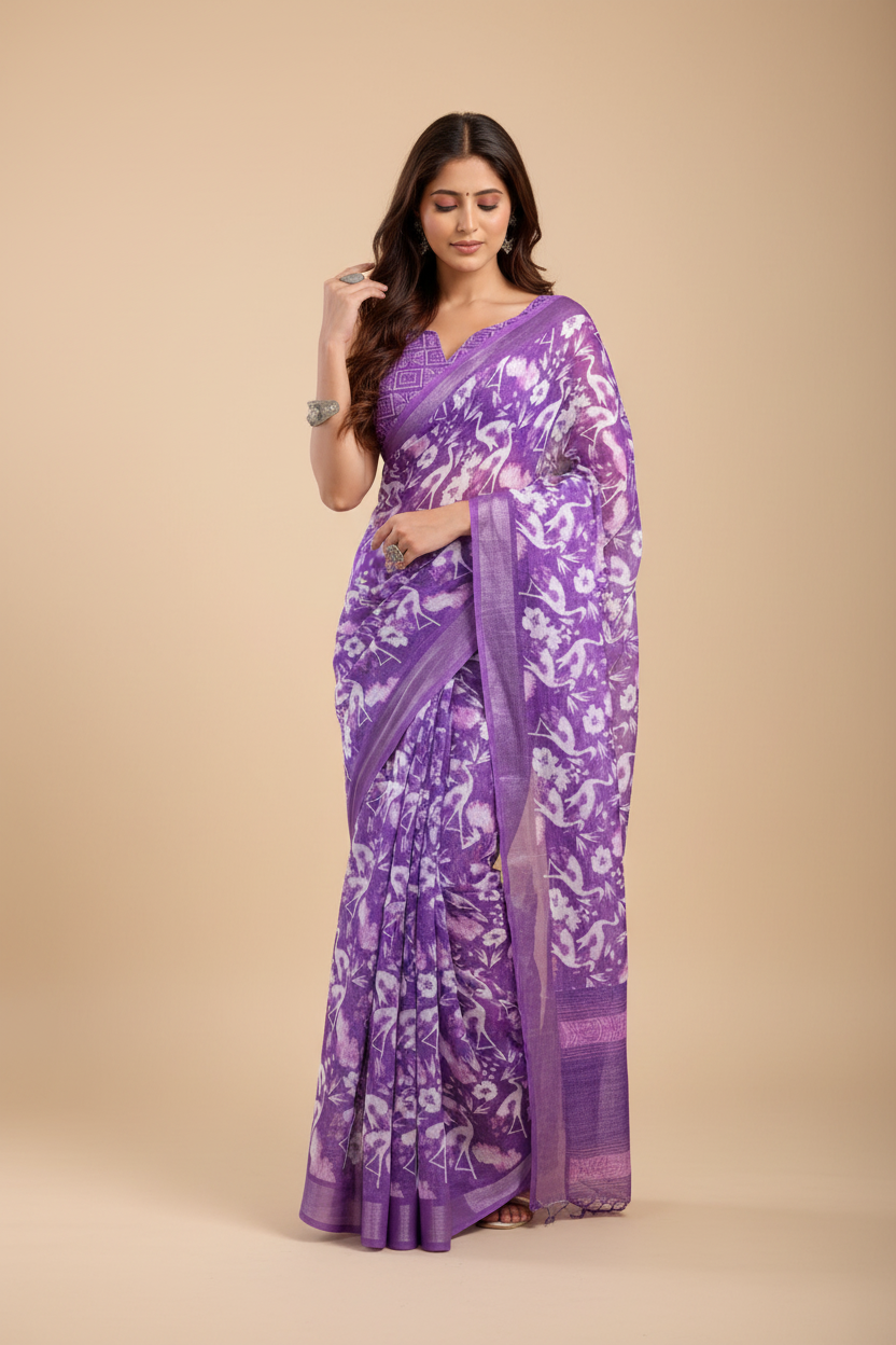 Snuggle Spot Women's Faux Linen Floral Print Ready to wear Saree With Unstitched Blouse 5.5Mtr (Purple)