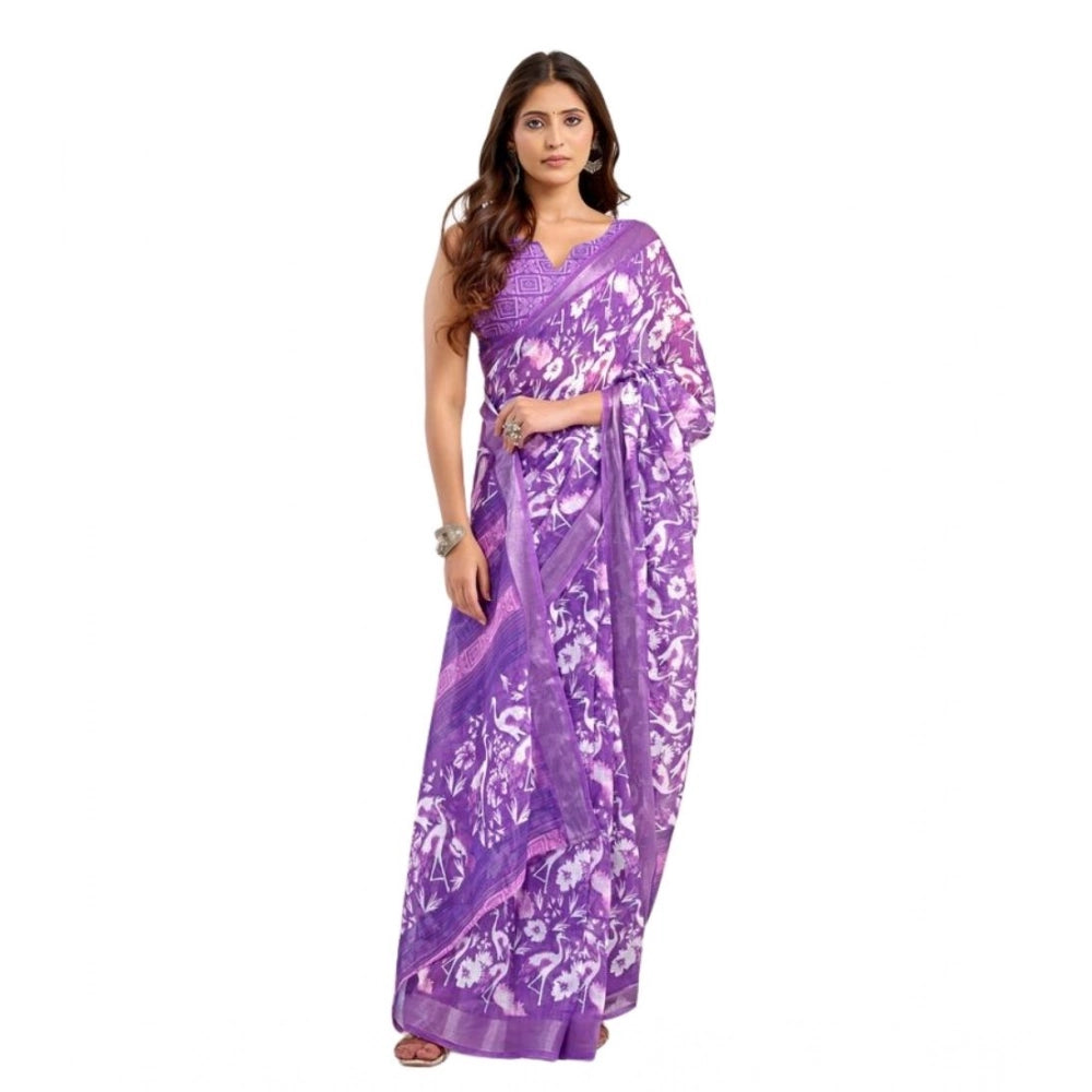 Snuggle Spot Women's Faux Linen Floral Print Ready to wear Saree With Unstitched Blouse 5.5Mtr (Purple)
