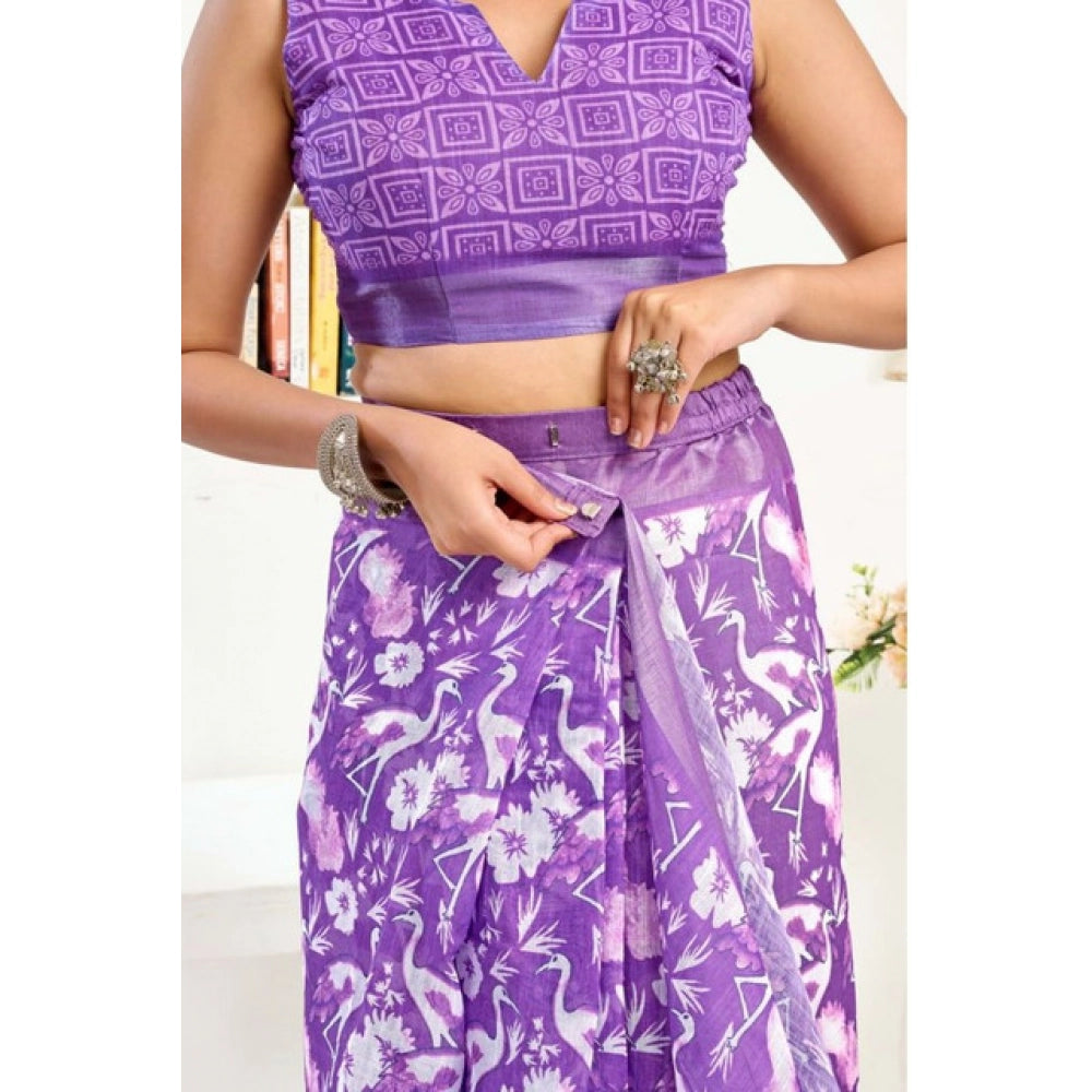 Snuggle Spot Women's Faux Linen Floral Print Ready to wear Saree With Unstitched Blouse 5.5Mtr (Purple)