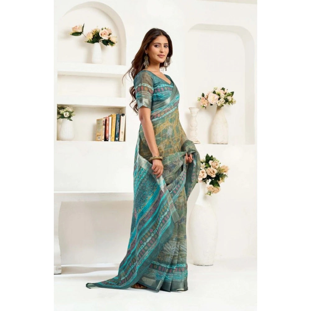 Snuggle Spot Women's Faux Linen Printed Ready to wear Saree With Unstitched Blouse 5.5Mtr (Multicolor)