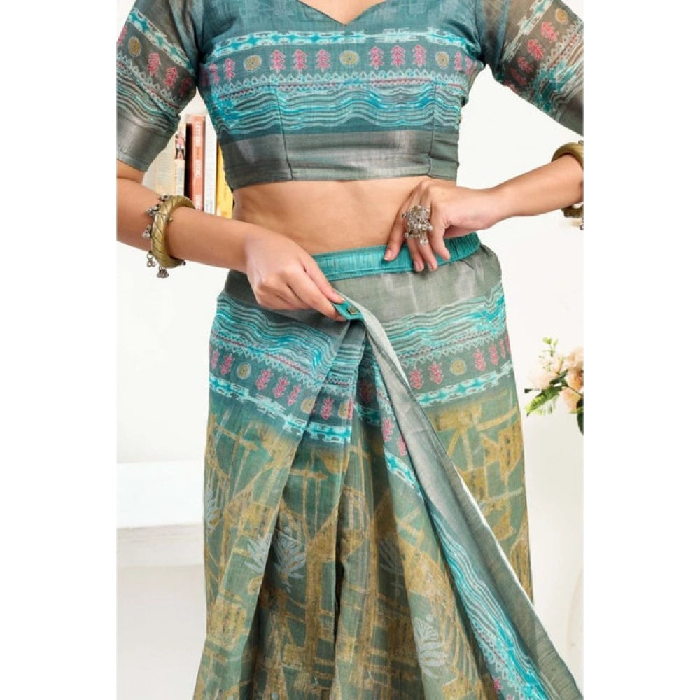 Snuggle Spot Women's Faux Linen Printed Ready to wear Saree With Unstitched Blouse 5.5Mtr (Multicolor)
