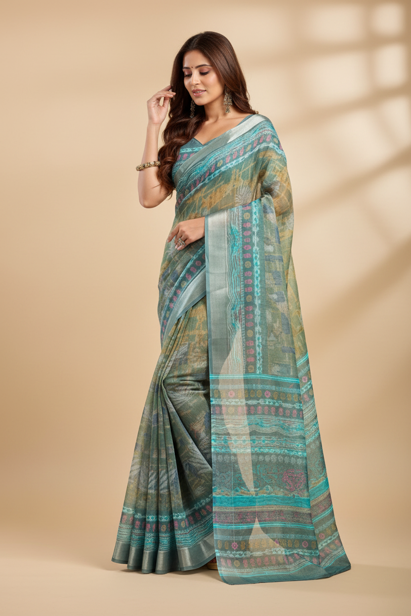 Snuggle Spot Women's Faux Linen Printed Ready to wear Saree With Unstitched Blouse 5.5Mtr (Multicolor)
