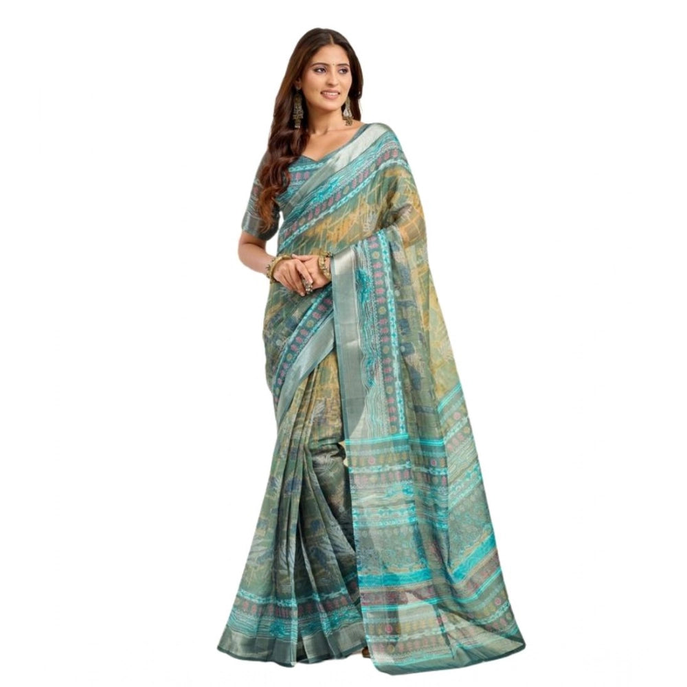 Snuggle Spot Women's Faux Linen Printed Ready to wear Saree With Unstitched Blouse 5.5Mtr (Multicolor)