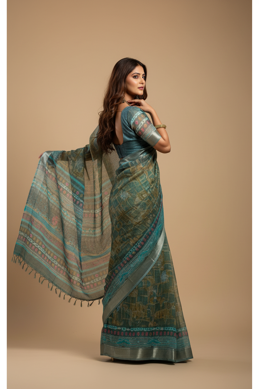 Snuggle Spot Women's Faux Linen Printed Ready to wear Saree With Unstitched Blouse 5.5Mtr (Multicolor)