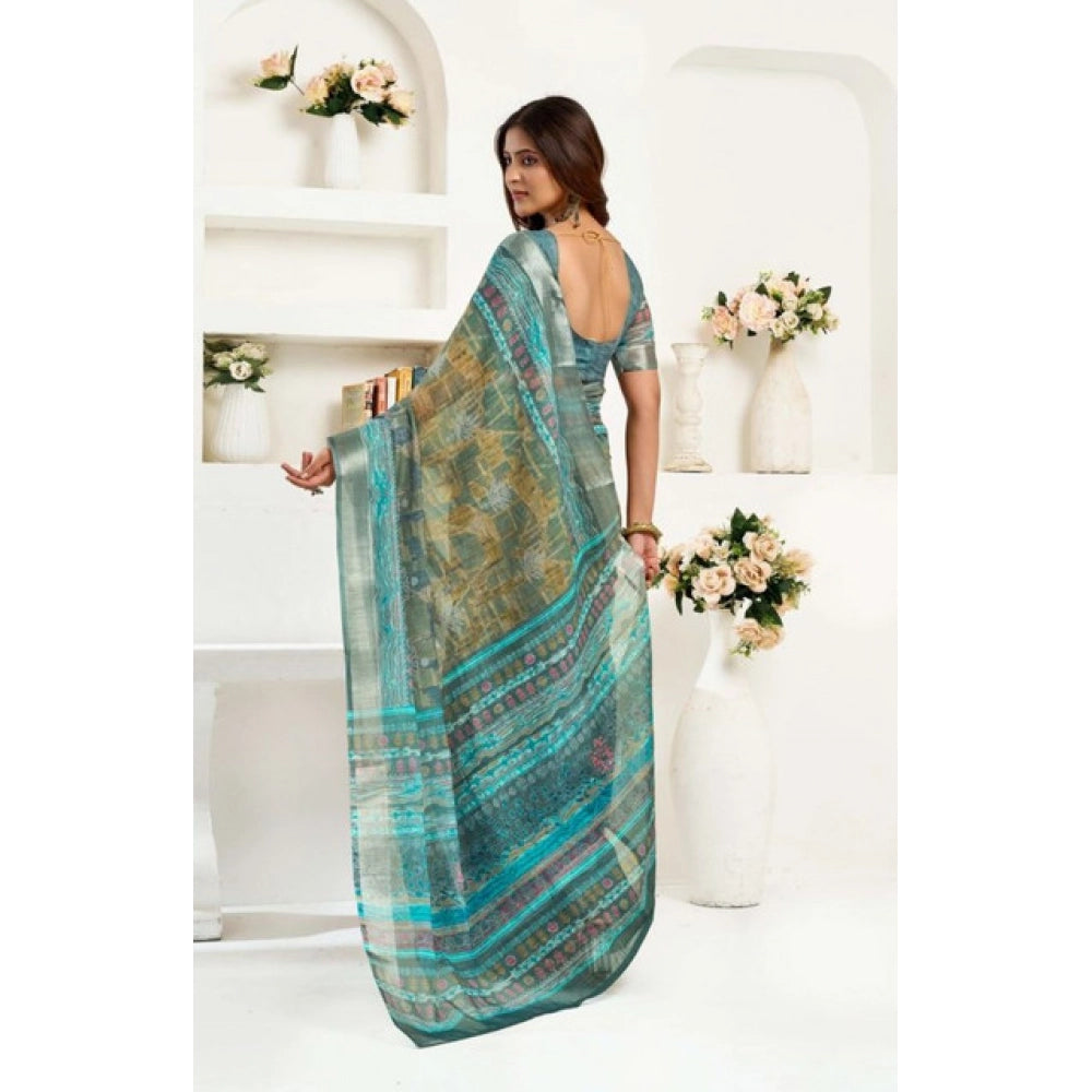 Snuggle Spot Women's Faux Linen Printed Ready to wear Saree With Unstitched Blouse 5.5Mtr (Multicolor)