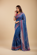 Snuggle Spot Women's Faux Linen Floral Print Ready to wear Saree With Unstitched Blouse 5.5Mtr (Blue)