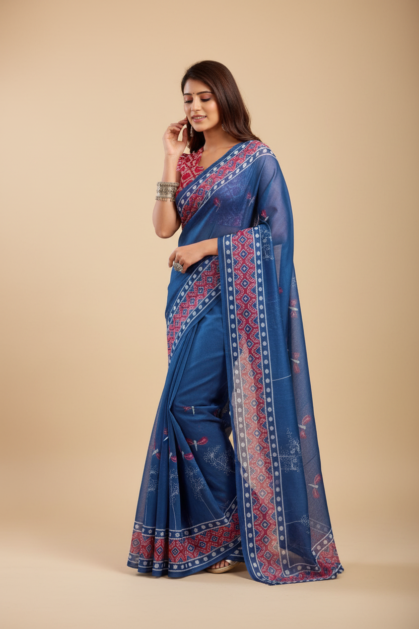 Snuggle Spot Women's Faux Linen Floral Print Ready to wear Saree With Unstitched Blouse 5.5Mtr (Blue)