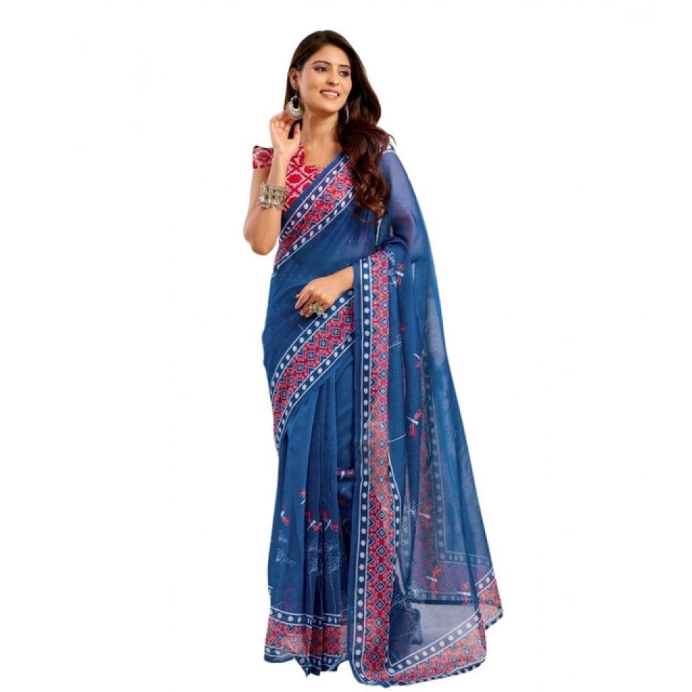 Snuggle Spot Women's Faux Linen Floral Print Ready to wear Saree With Unstitched Blouse 5.5Mtr (Blue)