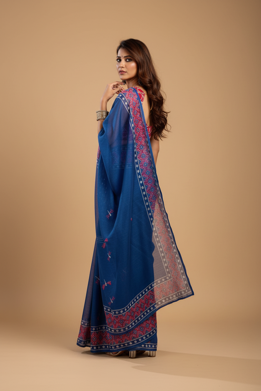 Snuggle Spot Women's Faux Linen Floral Print Ready to wear Saree With Unstitched Blouse 5.5Mtr (Blue)
