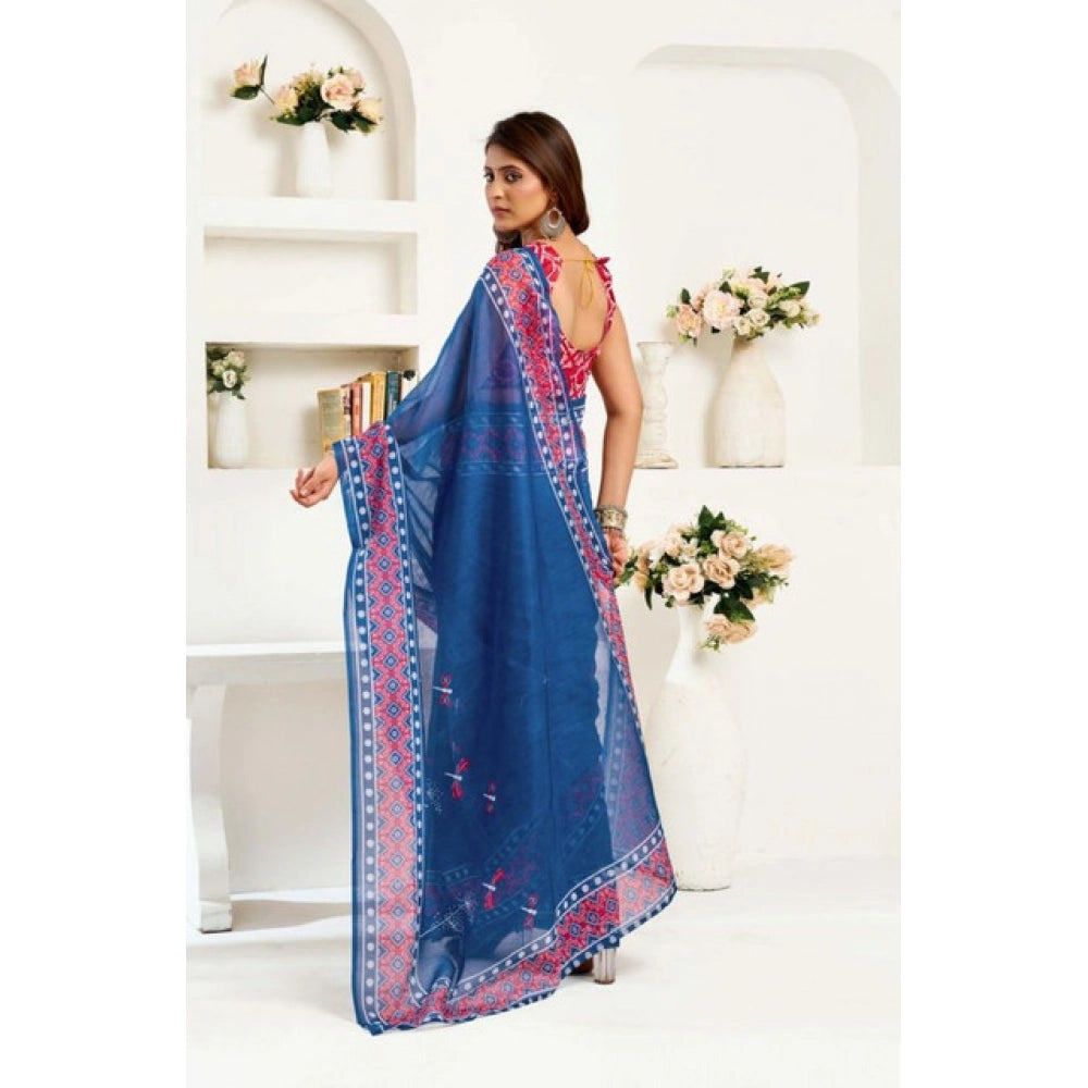 Snuggle Spot Women's Faux Linen Floral Print Ready to wear Saree With Unstitched Blouse 5.5Mtr (Blue)