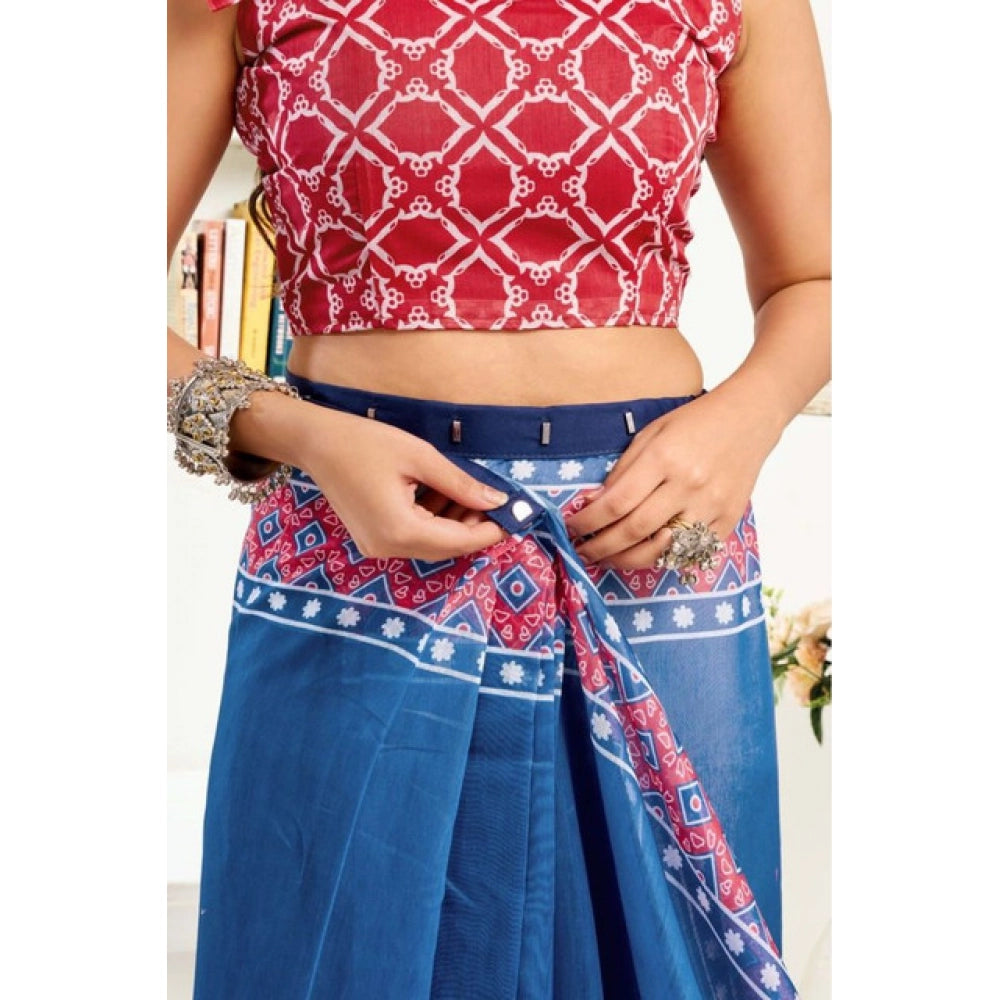 Snuggle Spot Women's Faux Linen Floral Print Ready to wear Saree With Unstitched Blouse 5.5Mtr (Blue)