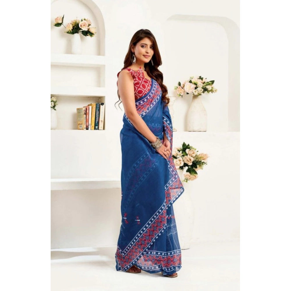 Snuggle Spot Women's Faux Linen Floral Print Ready to wear Saree With Unstitched Blouse 5.5Mtr (Blue)