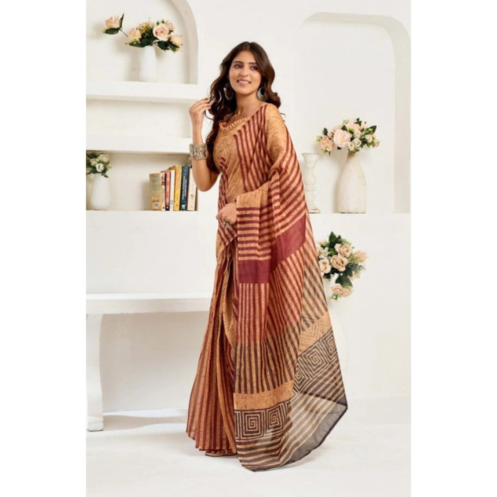 Snuggle Spot Women's Faux Linen Geometric Print Ready to wear Saree With Unstitched Blouse 5.5Mtr (Brown)