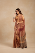 Snuggle Spot Women's Faux Linen Geometric Print Ready to wear Saree With Unstitched Blouse 5.5Mtr (Brown)