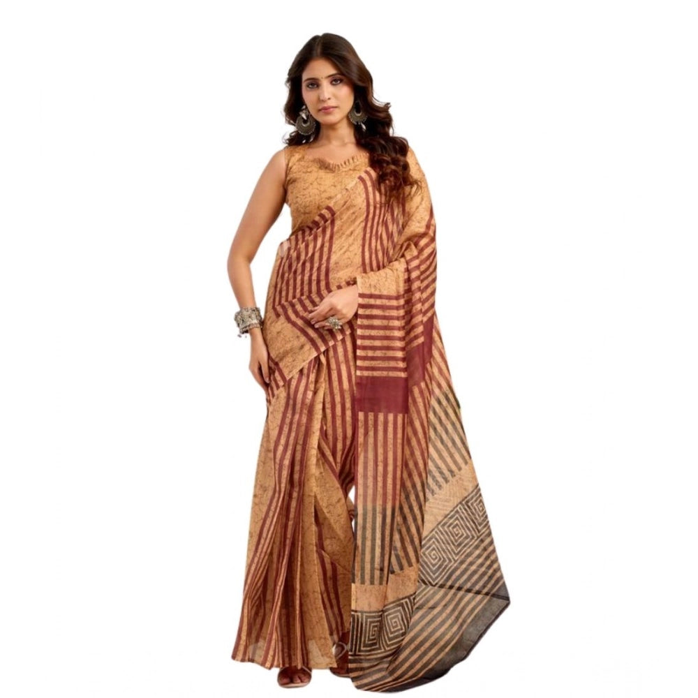 Snuggle Spot Women's Faux Linen Geometric Print Ready to wear Saree With Unstitched Blouse 5.5Mtr (Brown)