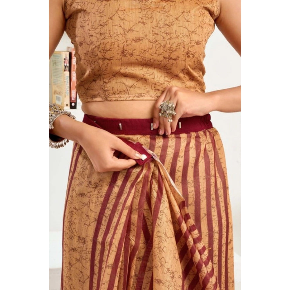 Snuggle Spot Women's Faux Linen Geometric Print Ready to wear Saree With Unstitched Blouse 5.5Mtr (Brown)