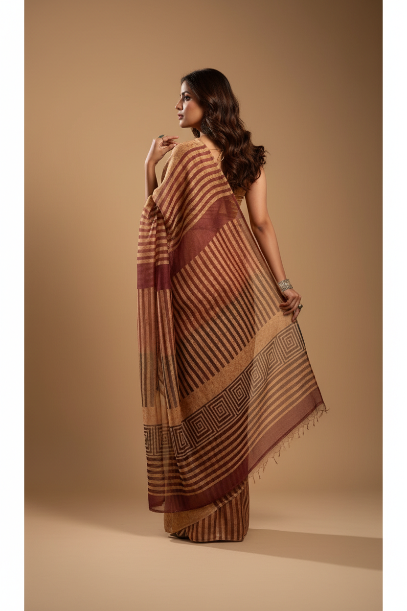 Snuggle Spot Women's Faux Linen Geometric Print Ready to wear Saree With Unstitched Blouse 5.5Mtr (Brown)