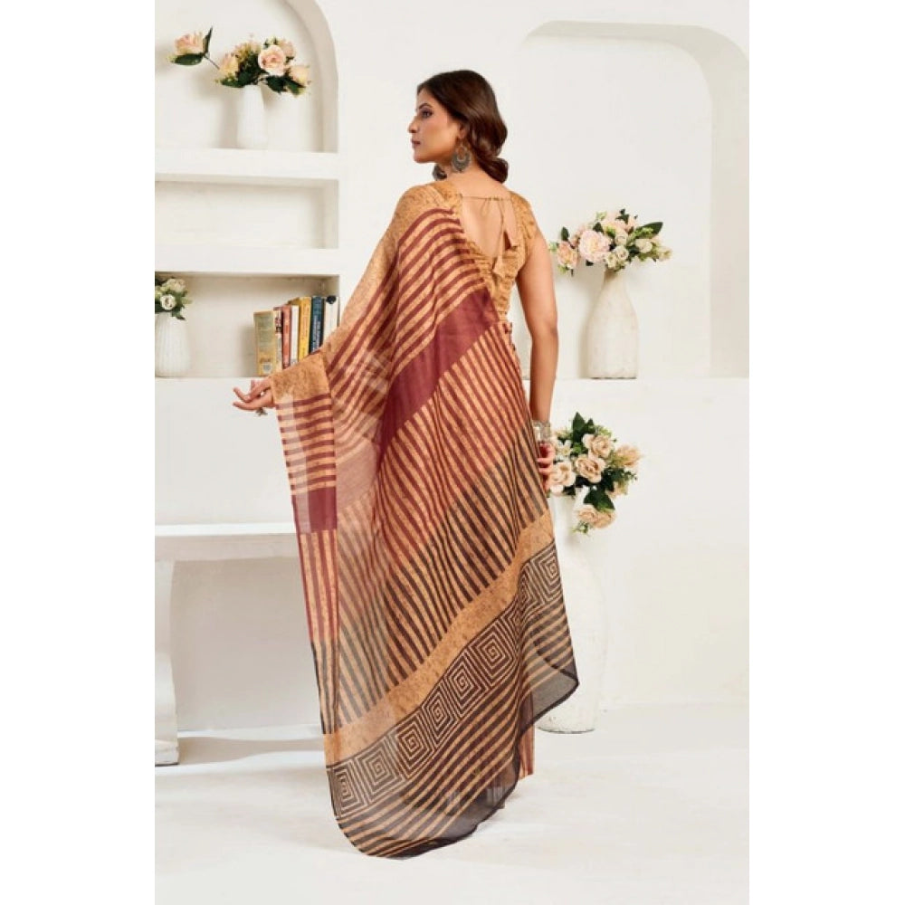 Snuggle Spot Women's Faux Linen Geometric Print Ready to wear Saree With Unstitched Blouse 5.5Mtr (Brown)