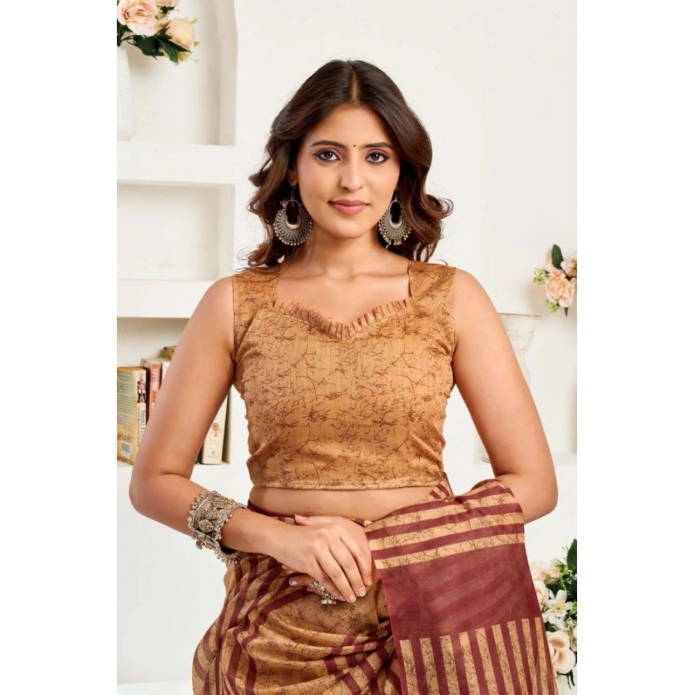 Snuggle Spot Women's Faux Linen Geometric Print Ready to wear Saree With Unstitched Blouse 5.5Mtr (Brown)