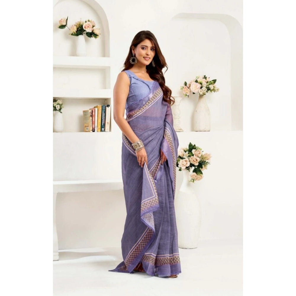 Snuggle Spot Women's Faux Linen Printed Ready to wear Saree With Unstitched Blouse 5.5Mtr (Light_Lavender)
