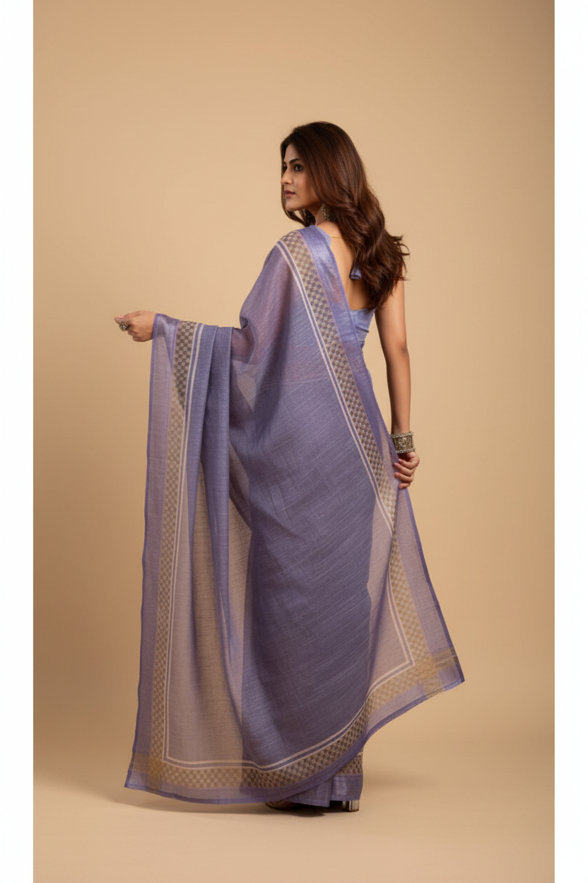 Snuggle Spot Women's Faux Linen Printed Ready to wear Saree With Unstitched Blouse 5.5Mtr (Light_Lavender)