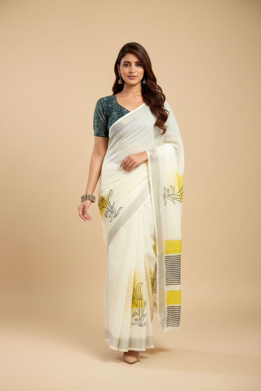 Snuggle Spot Women's Faux Linen Floral Print Ready to wear Saree With Unstitched Blouse 5.5Mtr (Off_White)
