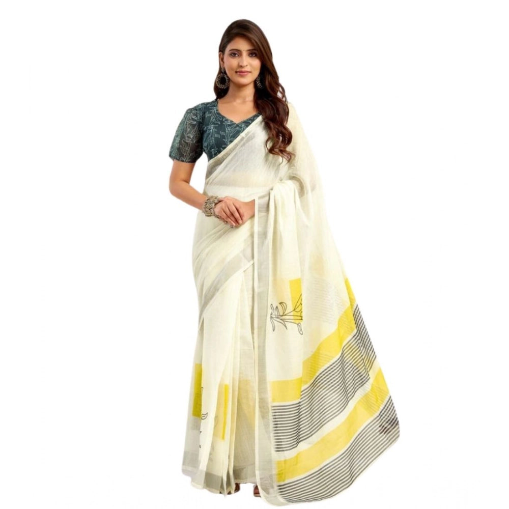 Snuggle Spot Women's Faux Linen Floral Print Ready to wear Saree With Unstitched Blouse 5.5Mtr (Off_White)