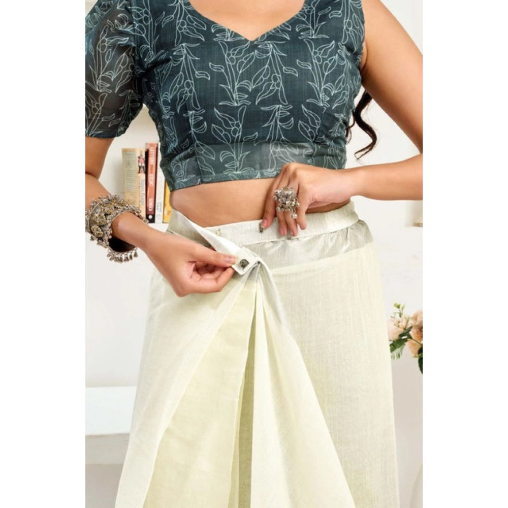Snuggle Spot Women's Faux Linen Floral Print Ready to wear Saree With Unstitched Blouse 5.5Mtr (Off_White)