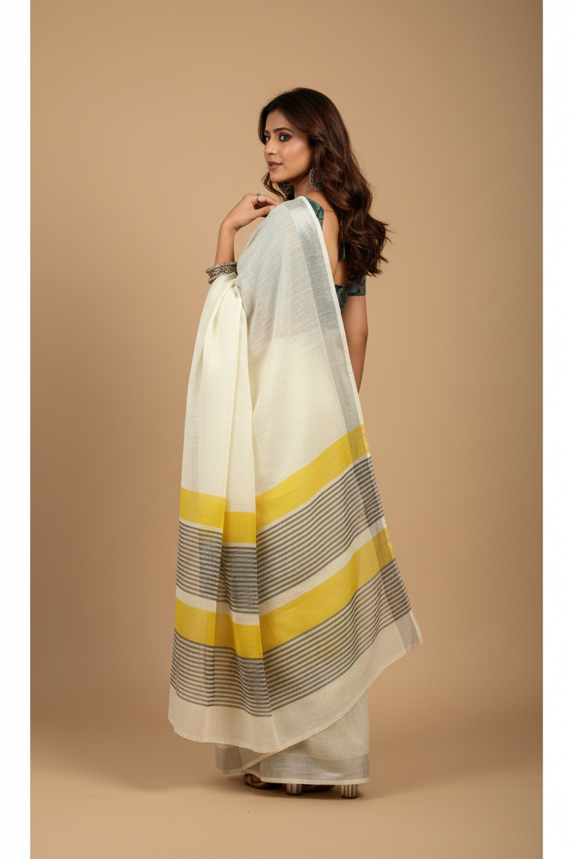Snuggle Spot Women's Faux Linen Floral Print Ready to wear Saree With Unstitched Blouse 5.5Mtr (Off_White)