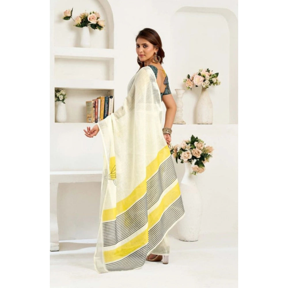 Snuggle Spot Women's Faux Linen Floral Print Ready to wear Saree With Unstitched Blouse 5.5Mtr (Off_White)