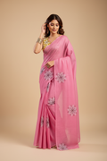 Snuggle Spot Women's Faux Linen Floral Print Ready to wear Saree With Unstitched Blouse 5.5Mtr (Pink)