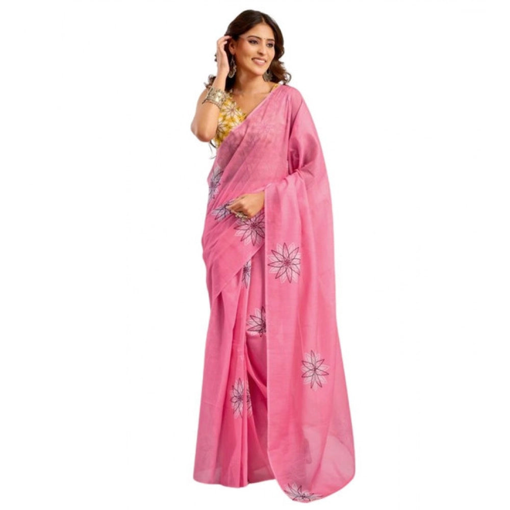 Snuggle Spot Women's Faux Linen Floral Print Ready to wear Saree With Unstitched Blouse 5.5Mtr (Pink)