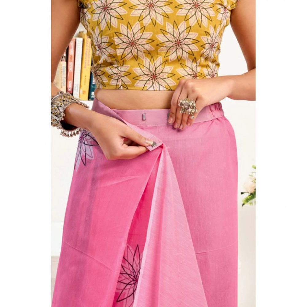 Snuggle Spot Women's Faux Linen Floral Print Ready to wear Saree With Unstitched Blouse 5.5Mtr (Pink)