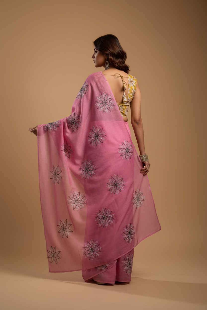 Snuggle Spot Women's Faux Linen Floral Print Ready to wear Saree With Unstitched Blouse 5.5Mtr (Pink)