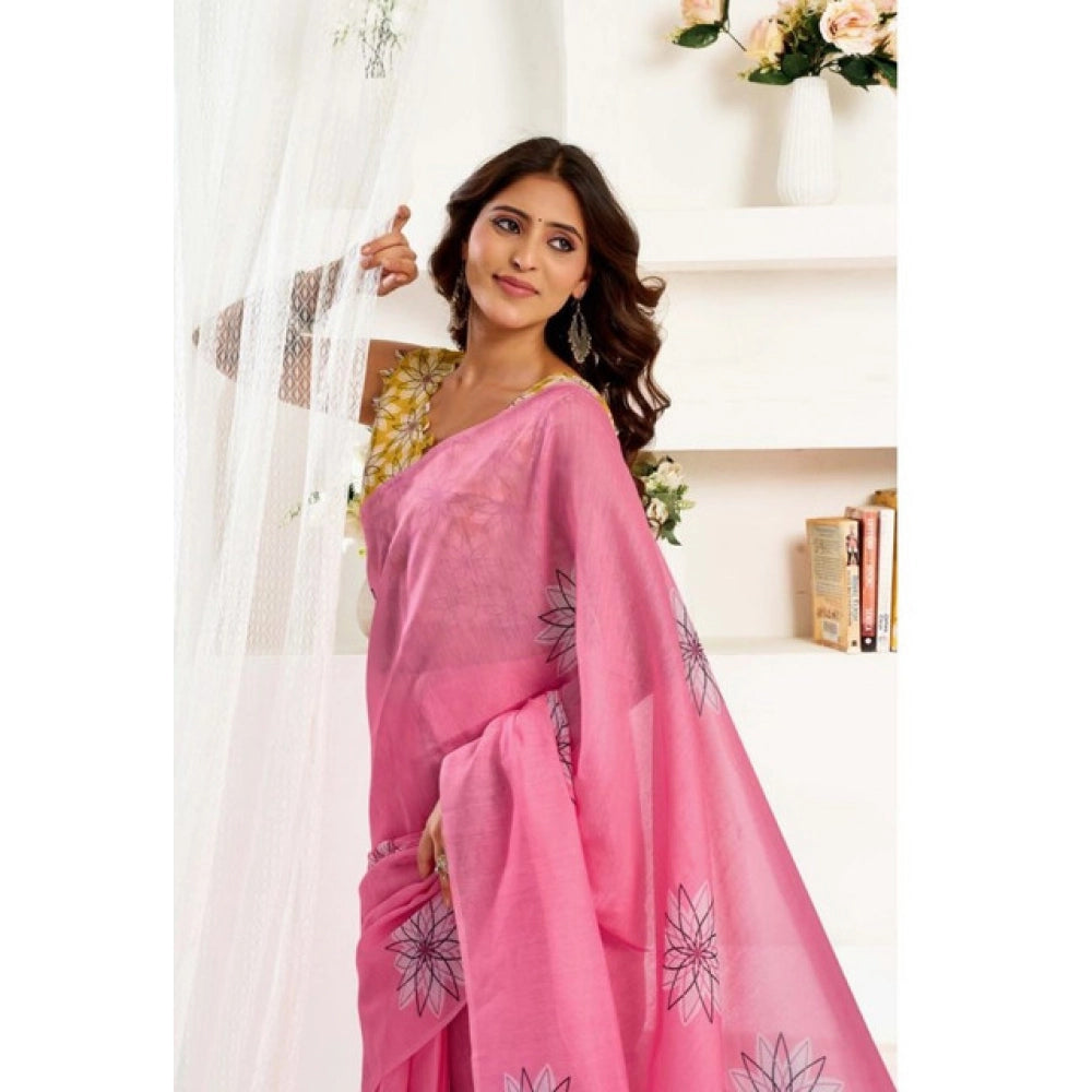 Snuggle Spot Women's Faux Linen Floral Print Ready to wear Saree With Unstitched Blouse 5.5Mtr (Pink)
