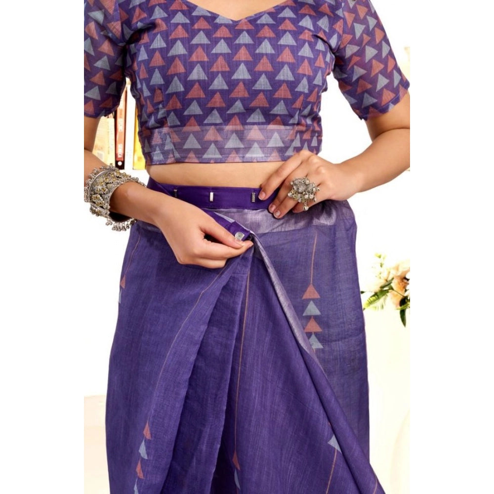 Snuggle Spot Women's Faux Linen Geometric Print Ready to wear Saree With Unstitched Blouse 5.5Mtr (Purple)