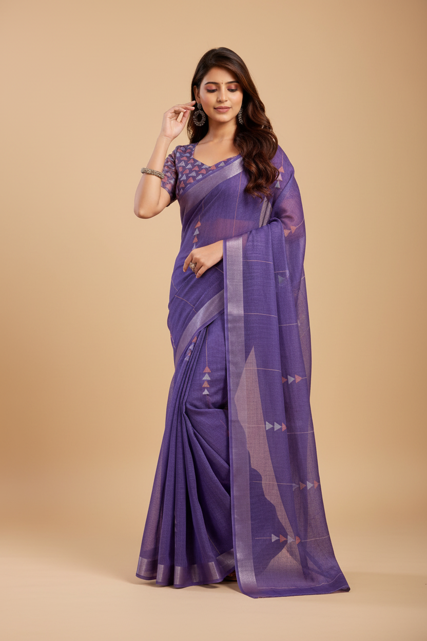 Snuggle Spot Women's Faux Linen Geometric Print Ready to wear Saree With Unstitched Blouse 5.5Mtr (Purple)