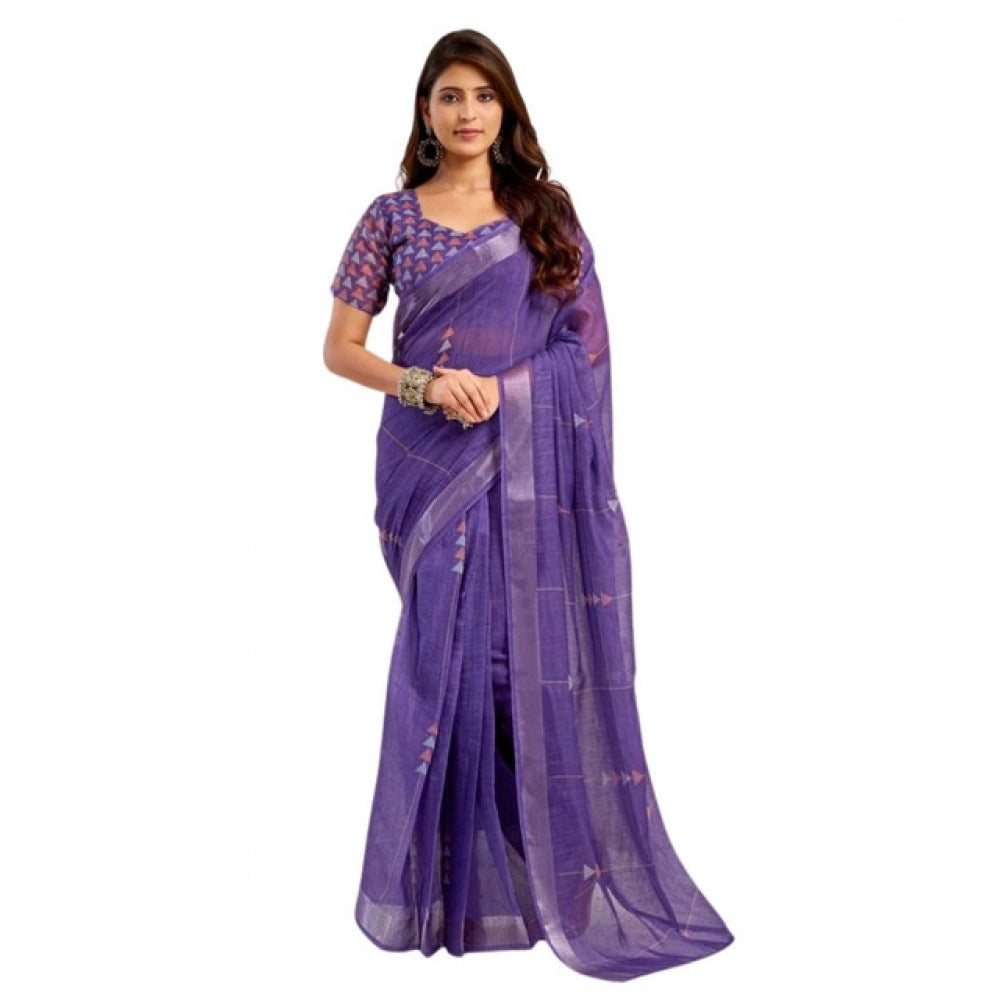 Snuggle Spot Women's Faux Linen Geometric Print Ready to wear Saree With Unstitched Blouse 5.5Mtr (Purple)