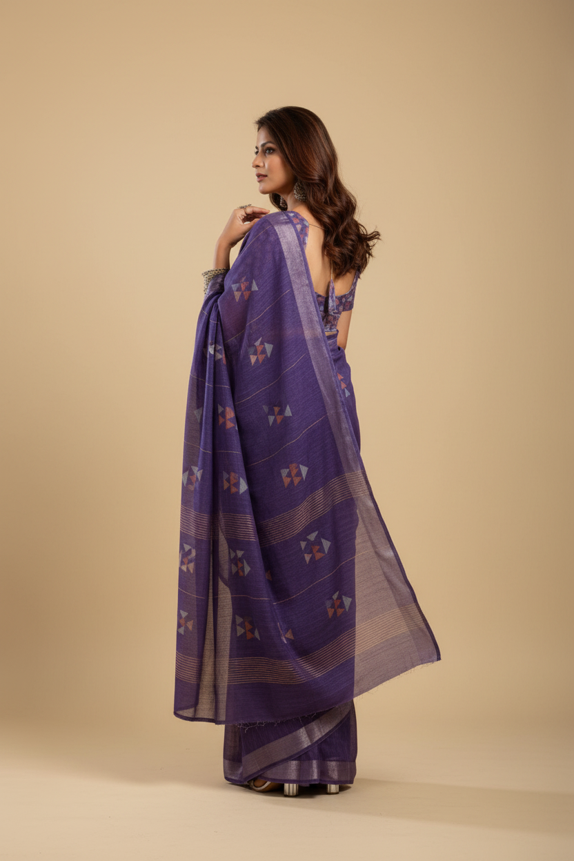 Snuggle Spot Women's Faux Linen Geometric Print Ready to wear Saree With Unstitched Blouse 5.5Mtr (Purple)
