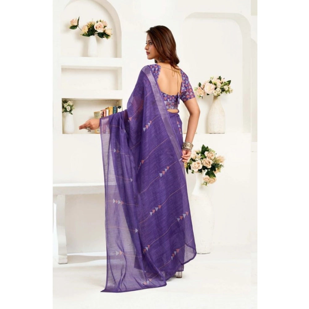 Snuggle Spot Women's Faux Linen Geometric Print Ready to wear Saree With Unstitched Blouse 5.5Mtr (Purple)