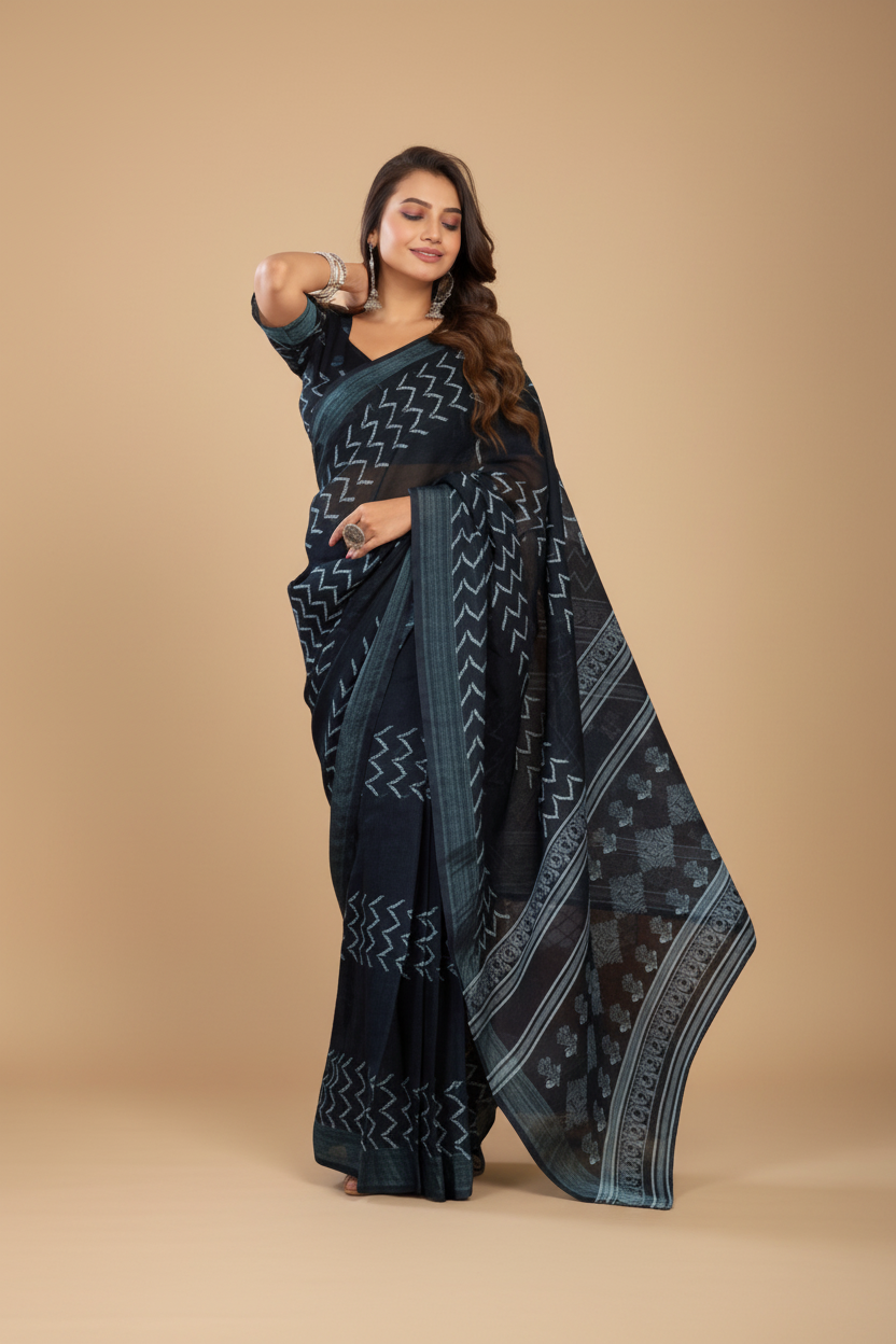 Snuggle Spot Women's Faux Linen Geometric Print Ready to wear Saree With Unstitched Blouse 5.5Mtr (Black)