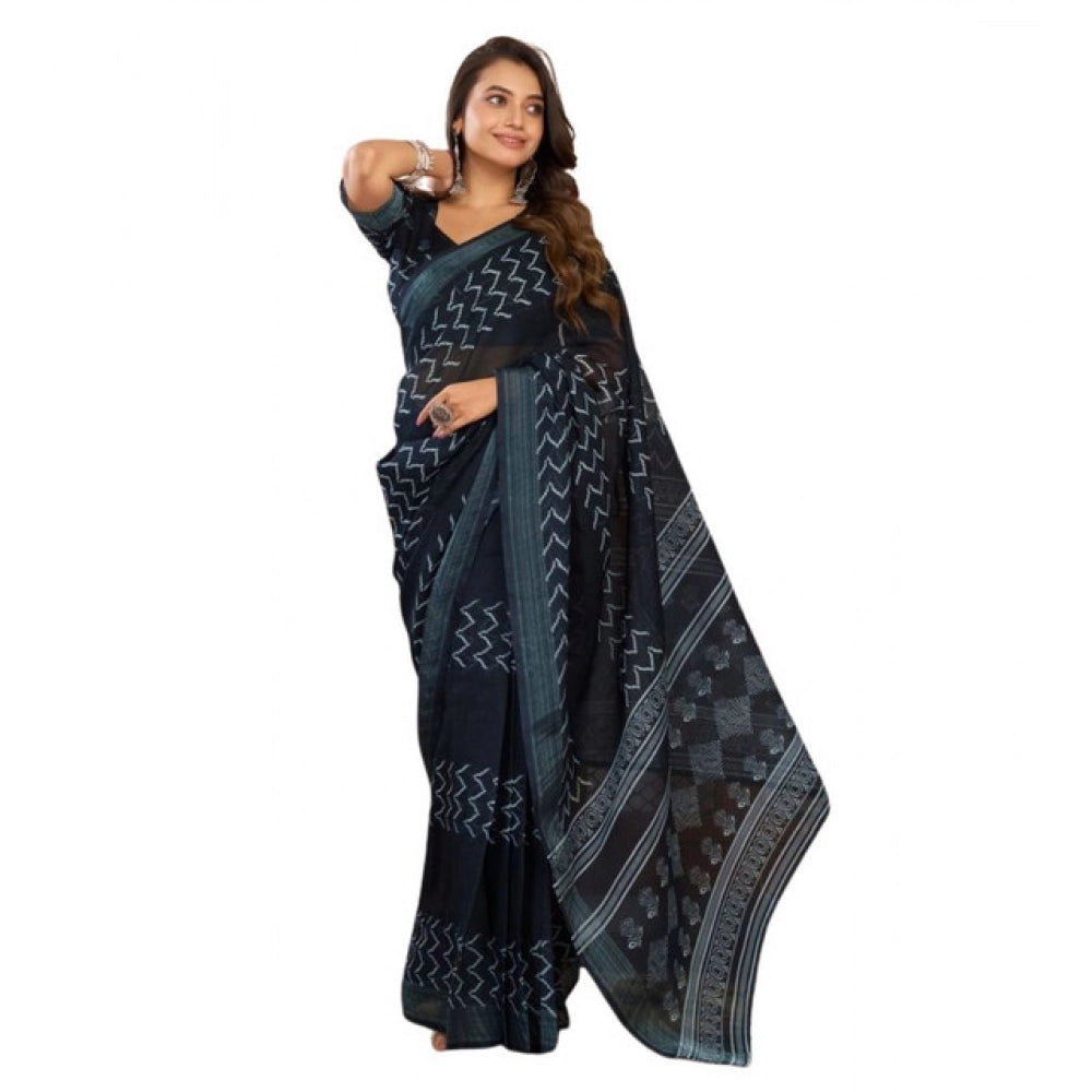 Snuggle Spot Women's Faux Linen Geometric Print Ready to wear Saree With Unstitched Blouse 5.5Mtr (Black)