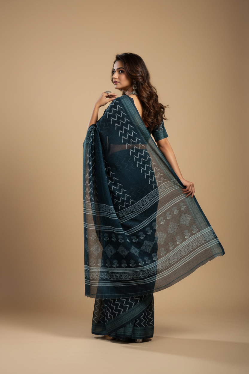 Snuggle Spot Women's Faux Linen Geometric Print Ready to wear Saree With Unstitched Blouse 5.5Mtr (Black)