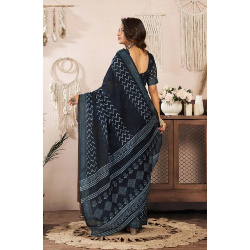 Snuggle Spot Women's Faux Linen Geometric Print Ready to wear Saree With Unstitched Blouse 5.5Mtr (Black)