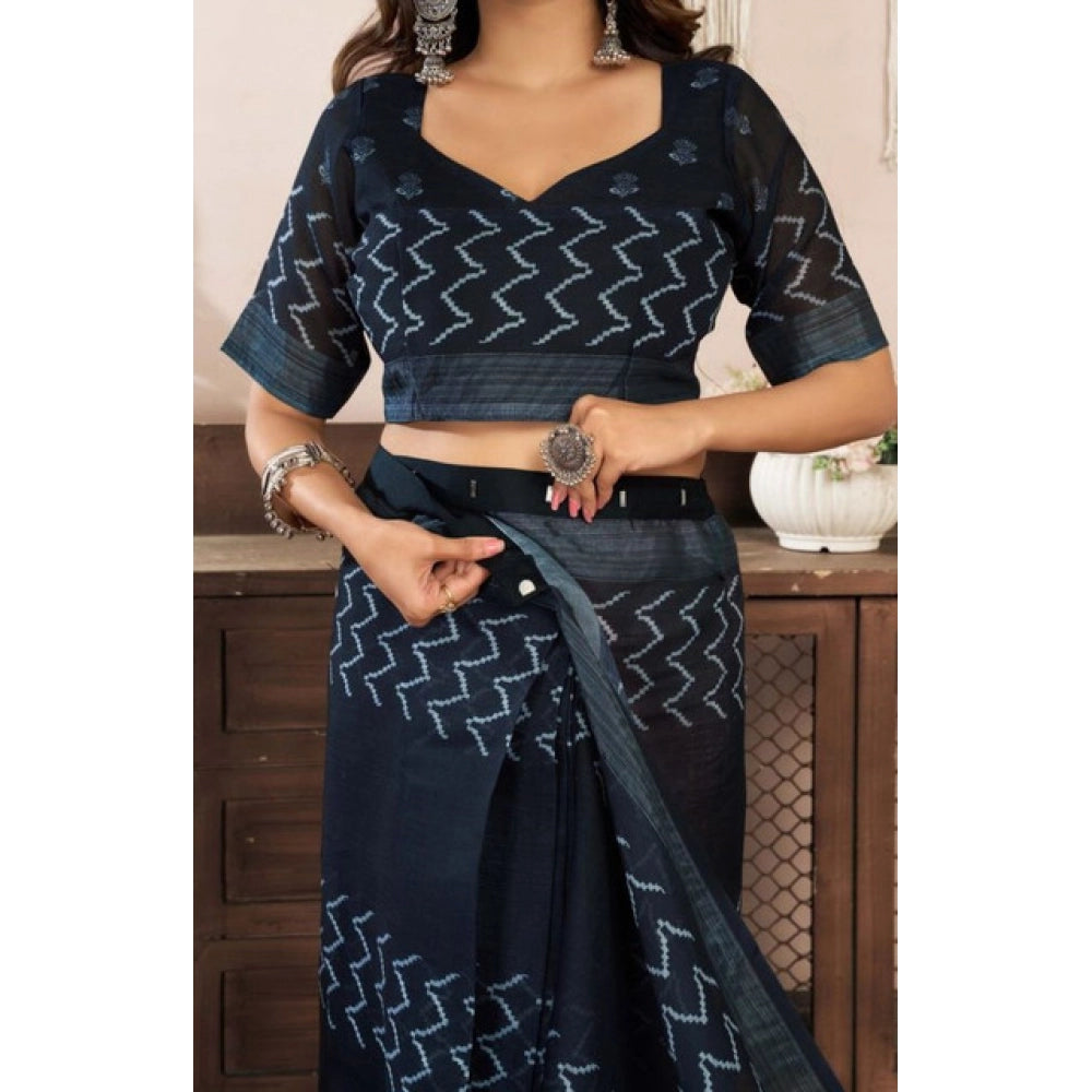 Snuggle Spot Women's Faux Linen Geometric Print Ready to wear Saree With Unstitched Blouse 5.5Mtr (Black)