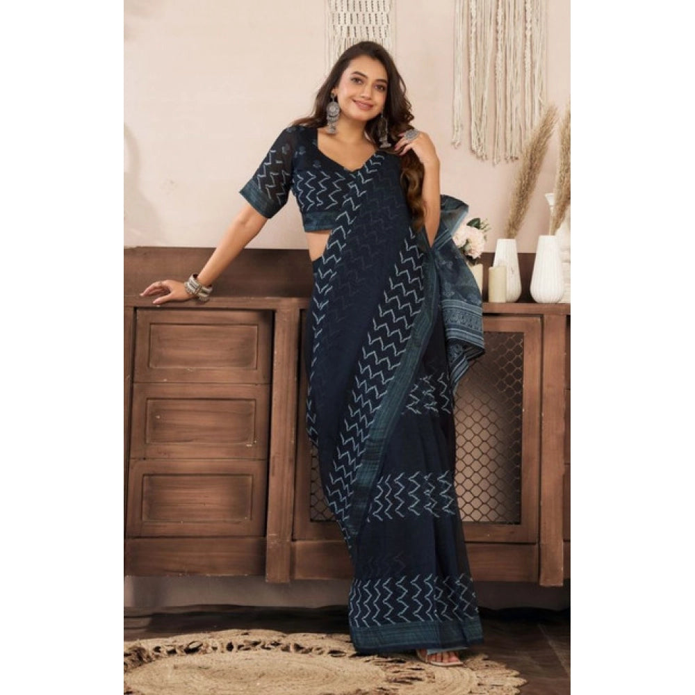 Snuggle Spot Women's Faux Linen Geometric Print Ready to wear Saree With Unstitched Blouse 5.5Mtr (Black)