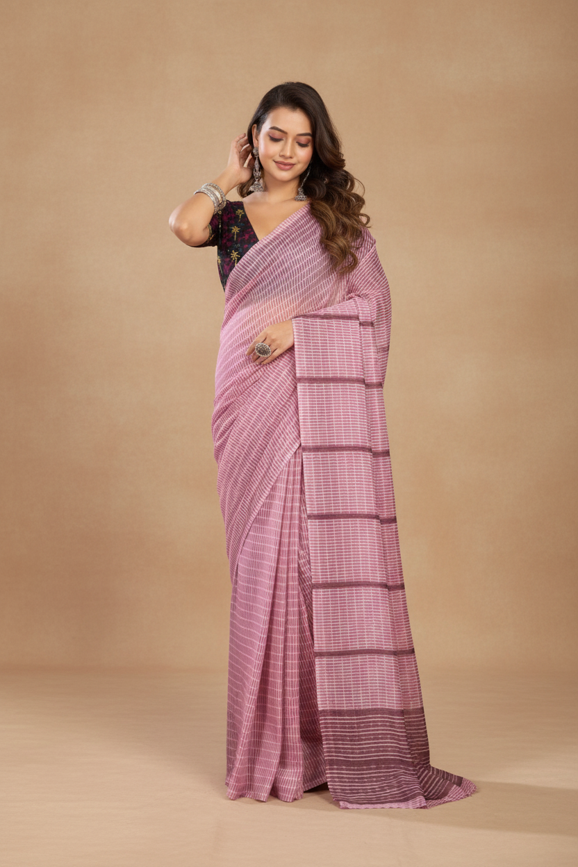 Snuggle Spot Women's Faux Linen Geometric Ready to wear Saree With Unstitched Blouse 5.5Mtr (LightPink)