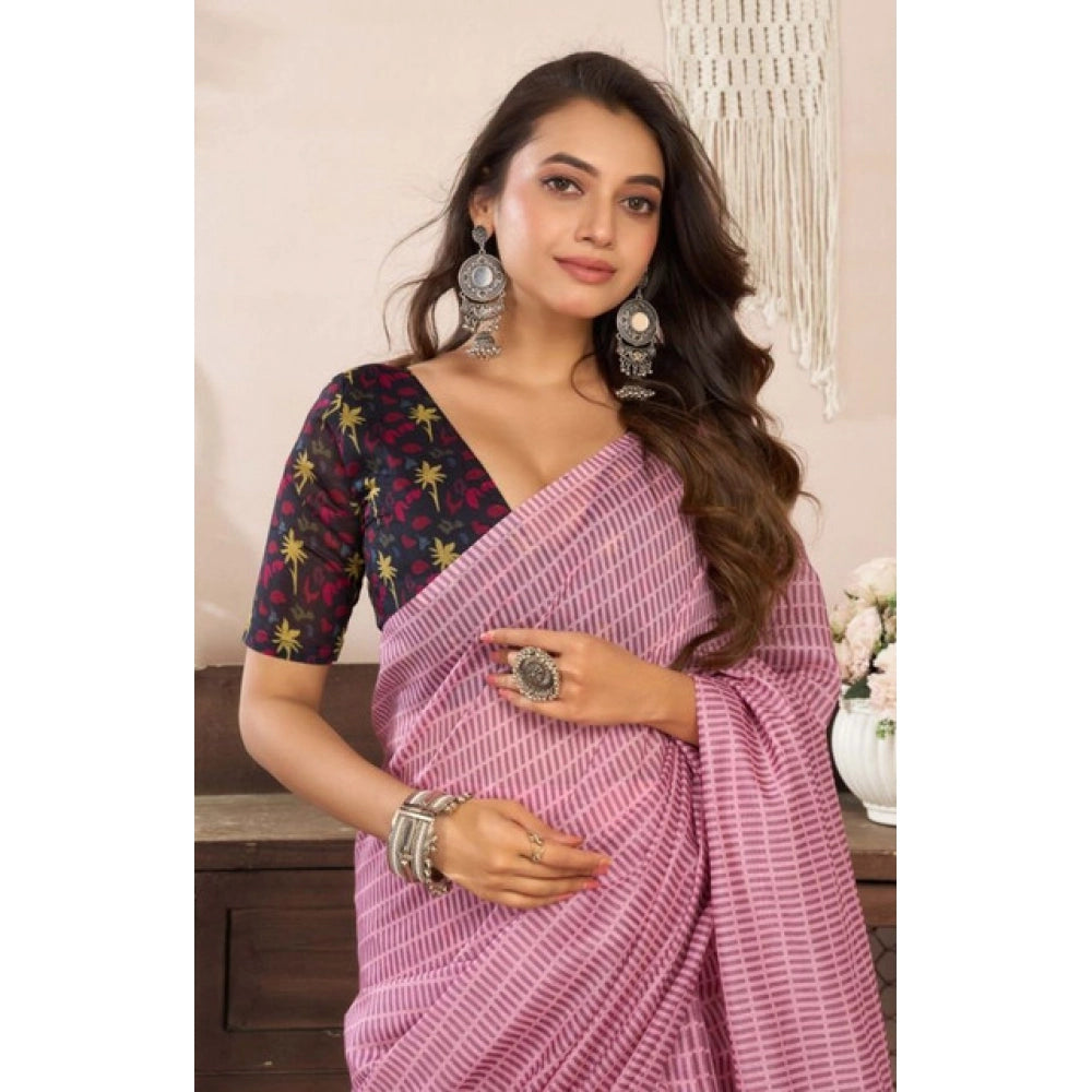 Snuggle Spot Women's Faux Linen Geometric Ready to wear Saree With Unstitched Blouse 5.5Mtr (LightPink)