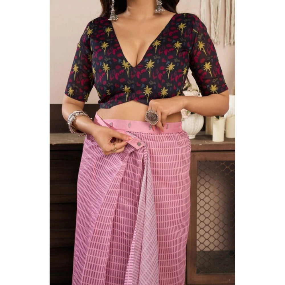 Snuggle Spot Women's Faux Linen Geometric Ready to wear Saree With Unstitched Blouse 5.5Mtr (LightPink)