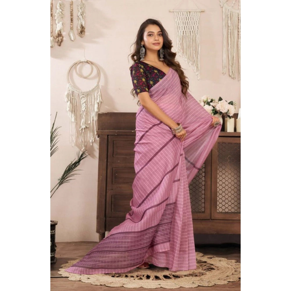 Snuggle Spot Women's Faux Linen Geometric Ready to wear Saree With Unstitched Blouse 5.5Mtr (LightPink)